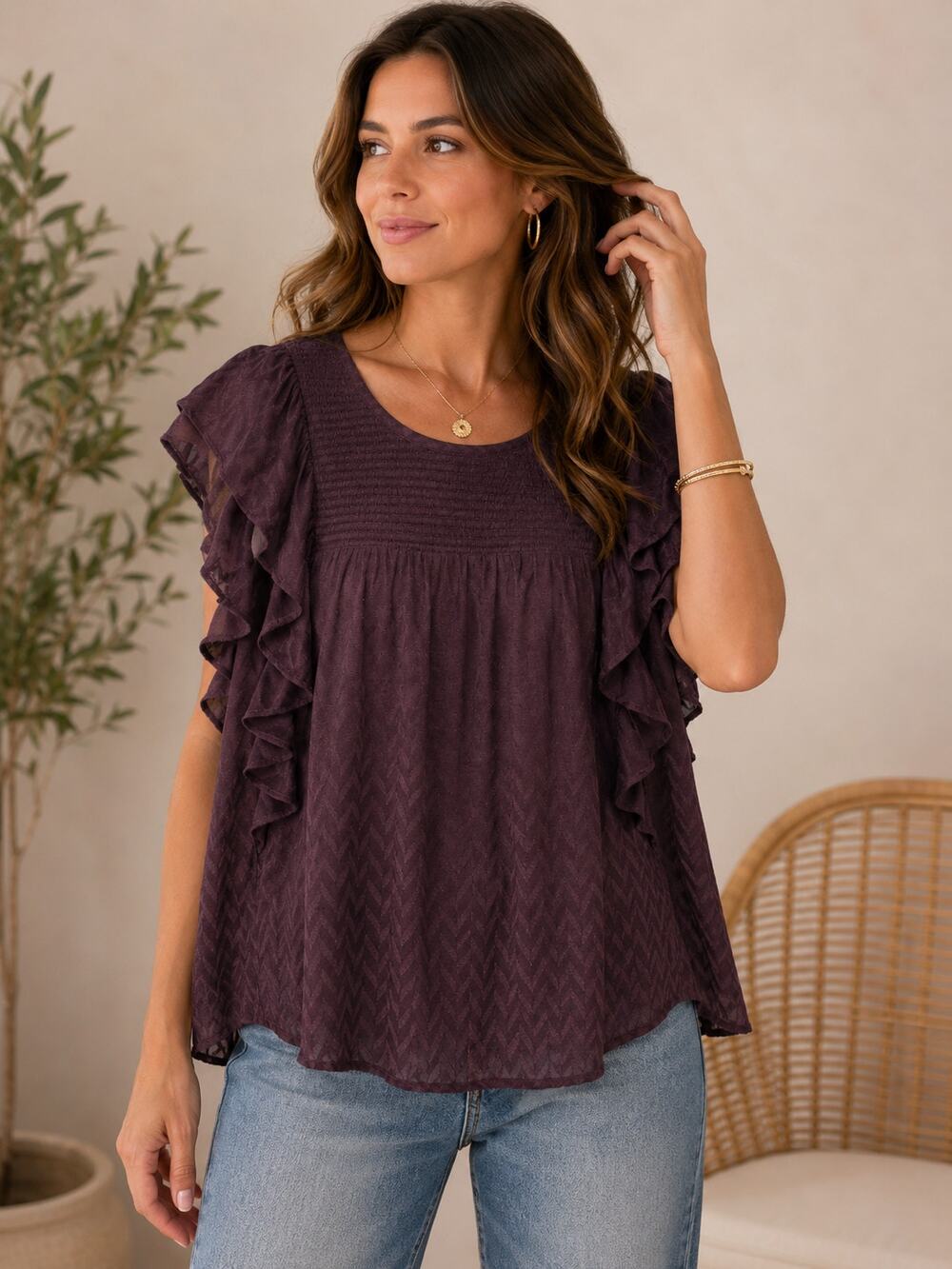Anthropologie Meadow Rue Plum Ruffle Blouse Textured Flutter Sleeve Top Size 12